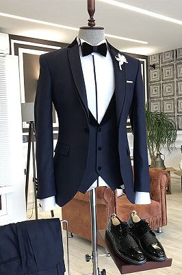 Albert Navy Blue 3-Pieces Notched Lapel One Button Slim Fit Business Men Suits_1