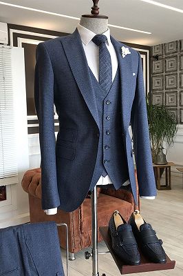 Richard Gentle Navy Blue Peaked Lapel One Button Slim Fit Business Men Suits_1