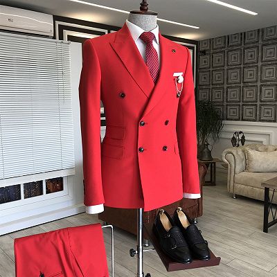 Ivan Red Peaked Lapel Double Breasted Bespoke Slim Fit Prom Men Suits_2