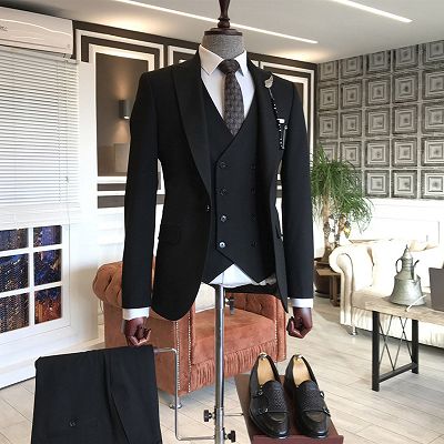 Leopold Traditional Black Peaked Lapel New Arrival Slim Fit Men Suits