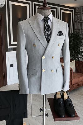 Sampson Stylish Silver Peaked Lapel Double Breasted Business Men Suits_1