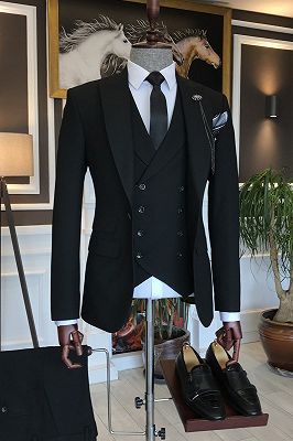 Charles New Arrival All Black 3-Pieces Peaked Lapel Formal Business Suits_1