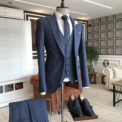 Richard Gentle Navy Blue Peaked Lapel One Button Slim Fit Business Men Suits_2