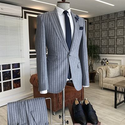 Myron Gray Striped Peaked Lapel Slim Fit Formal Business Men Suits_2
