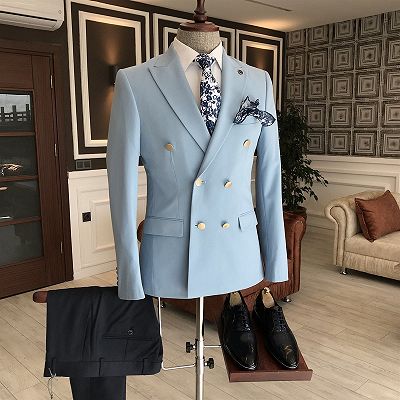 Leo Stylish Sky Blue Double Breasted Formal Business Bespoke Suits For Men_2