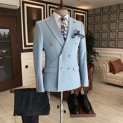 Leo Stylish Sky Blue Double Breasted Formal Business Bespoke Suits For Men