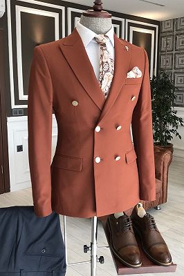 Roy Formal Orange Peaked Lapel Double Breasted Men Suits For Business