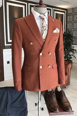 Roy Formal Orange Peaked Lapel Double Breasted Men Suits For Business_1