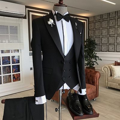 Lambert Formal 3-pieces Black Peaked Lapel Slim Fit Men Business Suit_2