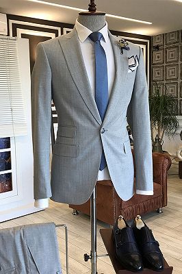 Clement Gray Peaked Lapel One Button 3 Flaps Formal Business Men Suits_1