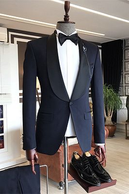 Stylish Shawl lapel 3-pieces Navy Blue Slim Fit One Button Wedding Men Suits_1