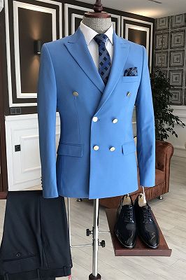 Solomon Solid Blue Peaked Lapel Double Breasted Business Men Suits_1