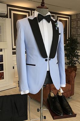 John New Arrival Sky Blue One Button Slim Fit Men Suits Mixed Black Peaked Lapel