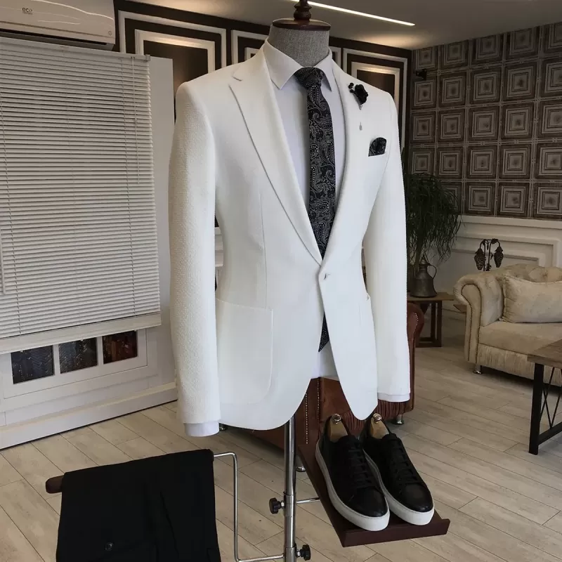 Nathan White Notched Lapel One Button Slim Fit Business Men Suits