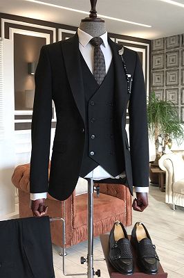 Leopold Traditional Black Peaked Lapel New Arrival Slim Fit Men Suits