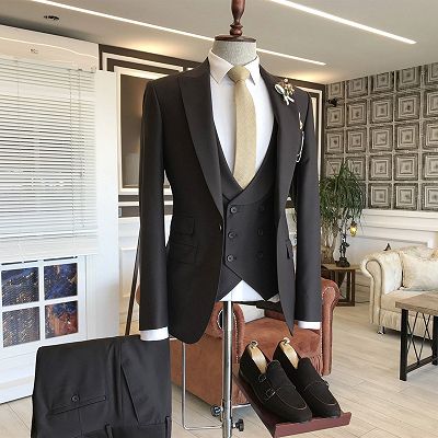 Hyman Classic 3-pieces Black Peaked Lapel Business Men Suits_2
