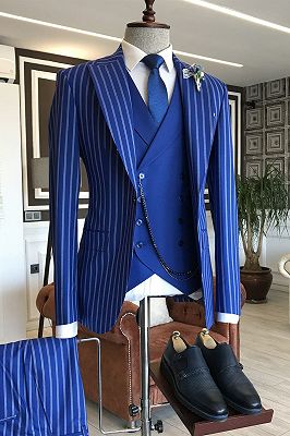Marvin Trendy Blue Striped 3-pieces Peaked Lapel Formal Men Suits