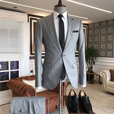 Quinn Formal Gray Striped Notched Lapel Slim Fit Business Men Suits