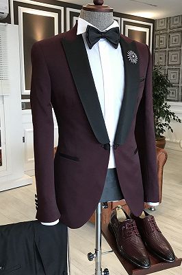 Jeffrey Burgundy Mixed Black Peaked Lapel One Button Men's Formal Suit_1