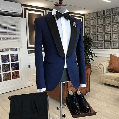 Jacob Modern Navy Blue Mixed Black Peaked Lapel One Button Slim Fit Prom Men Suit_2