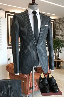 Regan Black Striped Notched Lapel Slim Fit Business Men's wear_1