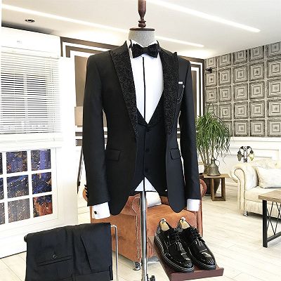 Gavin Fashion Black 3-pieces Peaked Jacquard Lapel Men Suit For Business