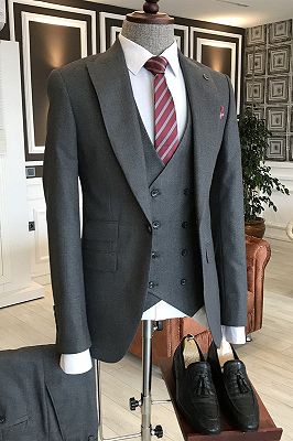 Adolph Gentle Dark gray 3-Pieces Peaked Lapel Business Men Suits_1