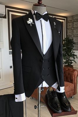 Lambert Formal 3-pieces Black Peaked Lapel Slim Fit Men Business Suit_1