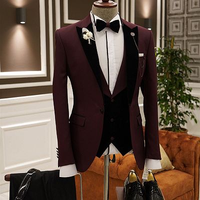 Herbert Burgundy 3-pieces Peaked Lapel Slim Fit Prom Men Suits