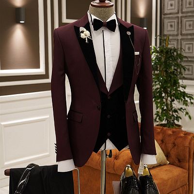 Herbert Burgundy 3-pieces Peaked Lapel Slim Fit Prom Men Suits_2