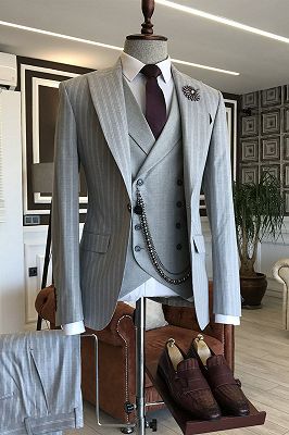 Lucien Newest Gray 3-pieces Striped Peaked Lapel Men Suits For Business_1