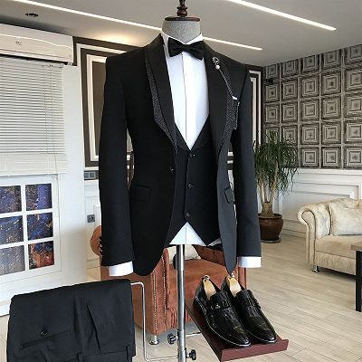 Frederic Handsome 3-pieces Black Shawl Lapel One Button Wedding Tuxedos