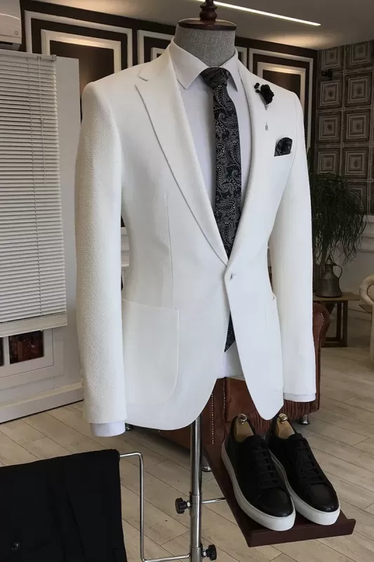 Nathan White Notched Lapel One Button Slim Fit Business Men Suits
