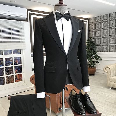 Leopold Traditional Black Peaked Lapel New Arrival Slim Fit Men Suits