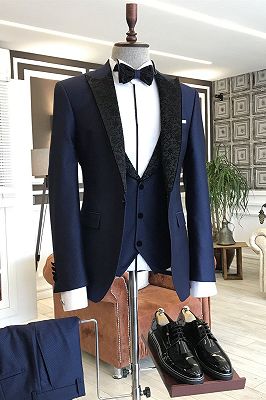 Unique Navy Blue 3-pieces Black Peaked Jacquard Lapel Business Suits_1