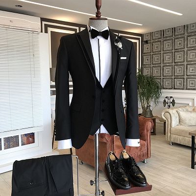 Anthony  Stylish 3-pieces Black Peaked Lapel Business Men Suits_2