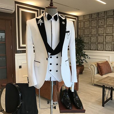 Ingram Handsome White Mixed Black Peaked Lapel One Button Slim Fit Prom Men Suit_2