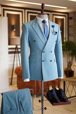 Lambert Sky Blue Peaked Lapel Double Breasted Bespoke Prom Men Suits