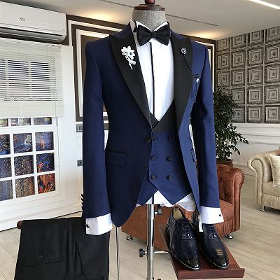 King Modern Royal Blue 3-Pieces Black Peaked Lapel Double Breasted Waistcoat Men Suits