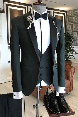 Hunter Handsome Black Peaked Lapel Bespoke Men Suits for Business_1