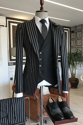 Levi Fashion Black And White Striped 3-pieces Peaked Lapel Suits For Men_1
