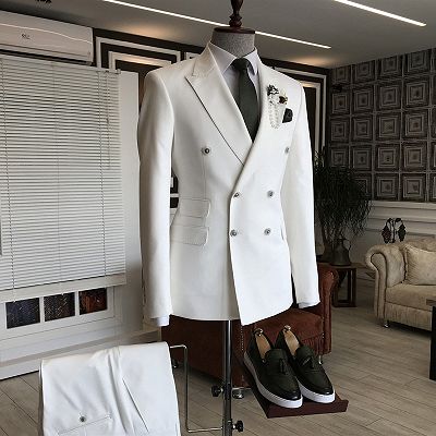 Les Stylish White Peaked Lapel Double Breasted Formal Business Men Suit_2