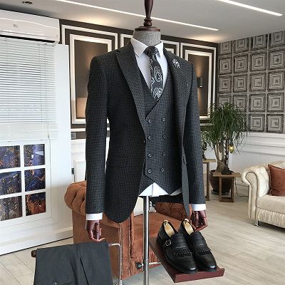 Quentin Black Small Plaid 3-Pieces Notched Lapel Business Men Suits