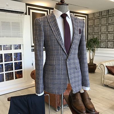 Pete Black Small Plaid Peaked Lapel Bespoke Sim Fit Men Suits