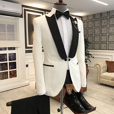 Jason Simple White Mixed Black Peaked Lapel One Button Slim Fit Prom Men Suit_2