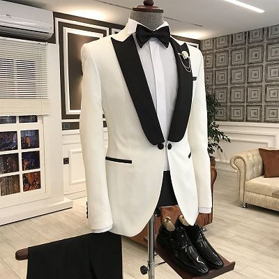 Jason Simple White Mixed Black Peaked Lapel One Button Slim Fit Prom Men Suit