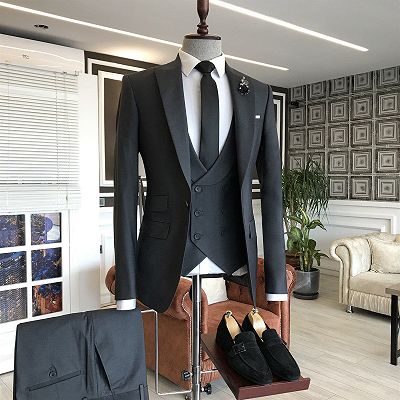 Uriah Black 3-Pieces Peaked Lapel 3 Flaps Double Breasted Waistcoat Men Suits