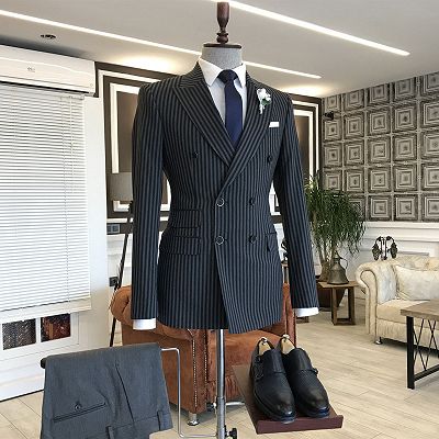 Milo Classic Black Striped Double Breasted Peaked Lapel Business Suits_2