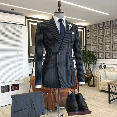 Milo Classic Black Striped Double Breasted Peaked Lapel Business Suits