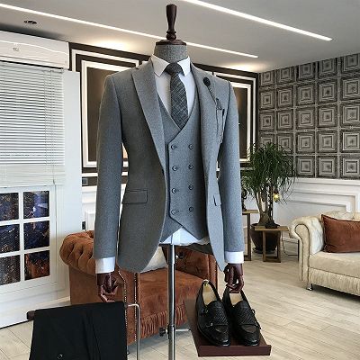 Primo Gray 3-Pieces Notched Lapel Fashion Business Men Suits